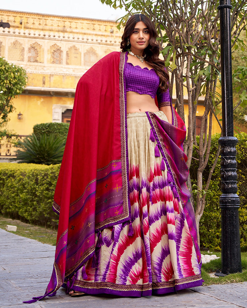 Purple Color Tasar Silk Dye Printed Lehenga Choli