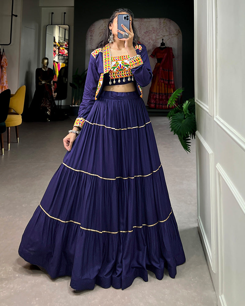 Navy Blue Color Pure Rayon Gamthi Navratri Lehenga Choli
