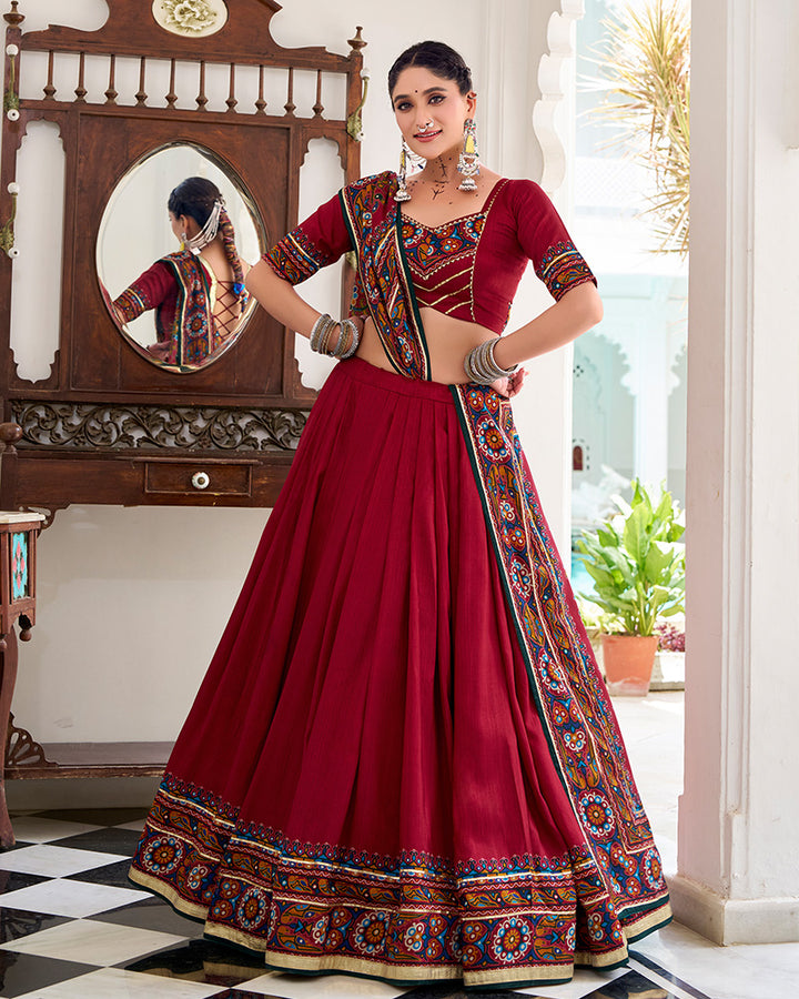 Red Color Tussar Silk Full Stitched Navratri Lehenga Choli