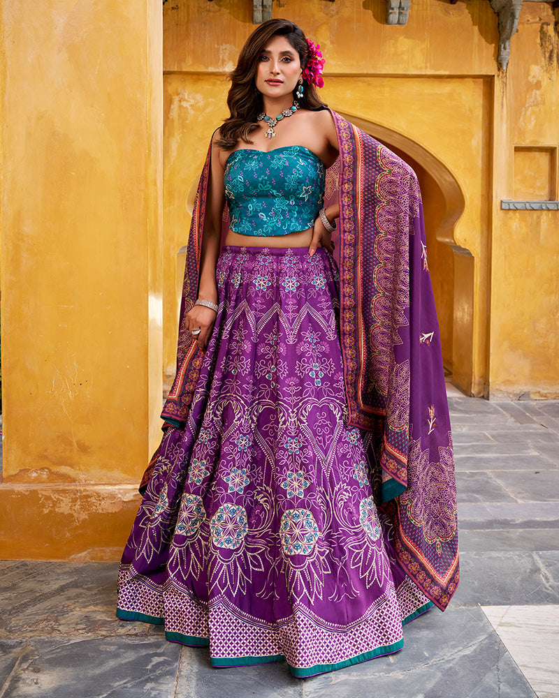 Purple Color Vichitra Silk Printed And Embroidered Lehenga Choli