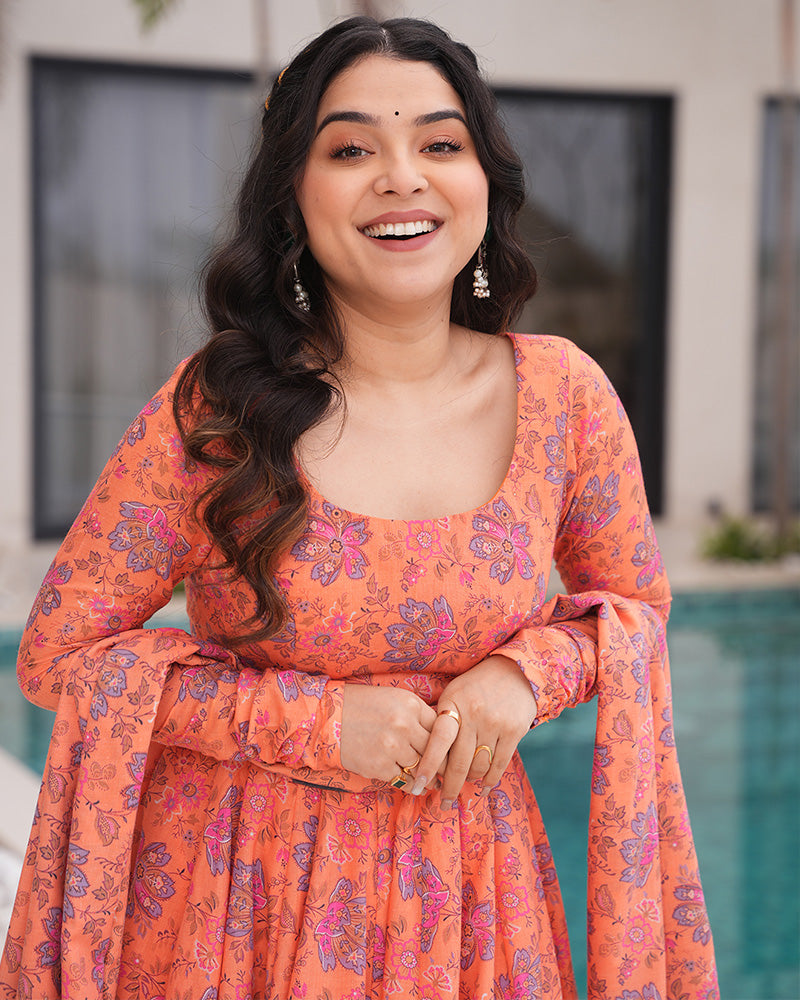 Orange Color Printed Soft Cotton Three Piece Anarkali Suit