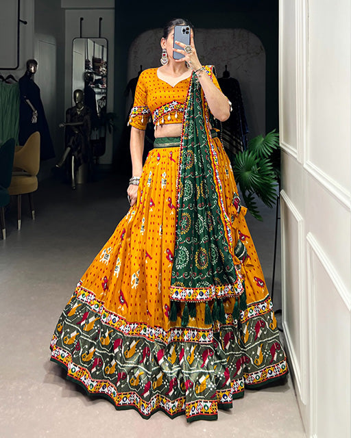 Mustard Color Tussar Silk Patola Printed Navratri Lehenga Choli