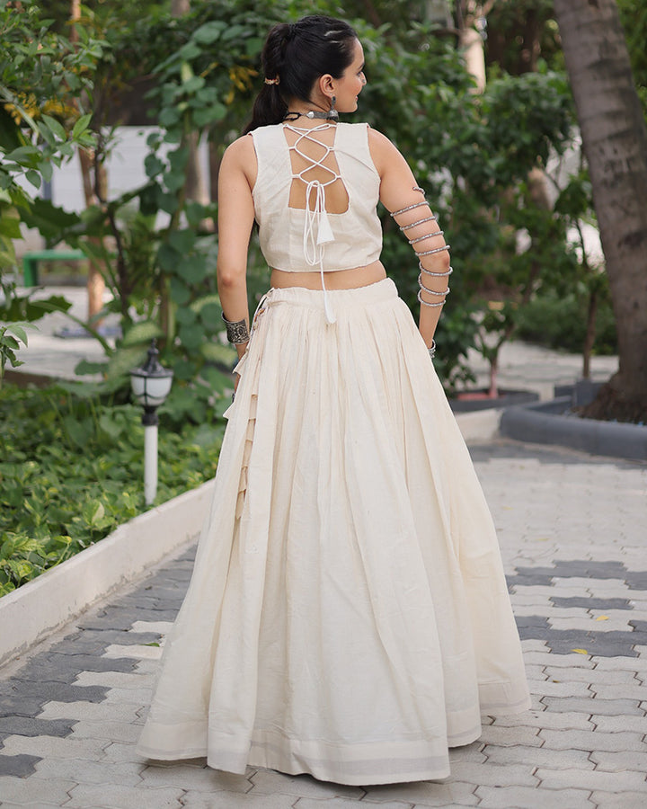 Off-White Color kora Cotton Gamthi Embroidered Navratri Lehenga Choli