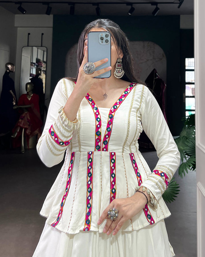 White Color Pure Rayon Embossed Navratri Lehenga Choli