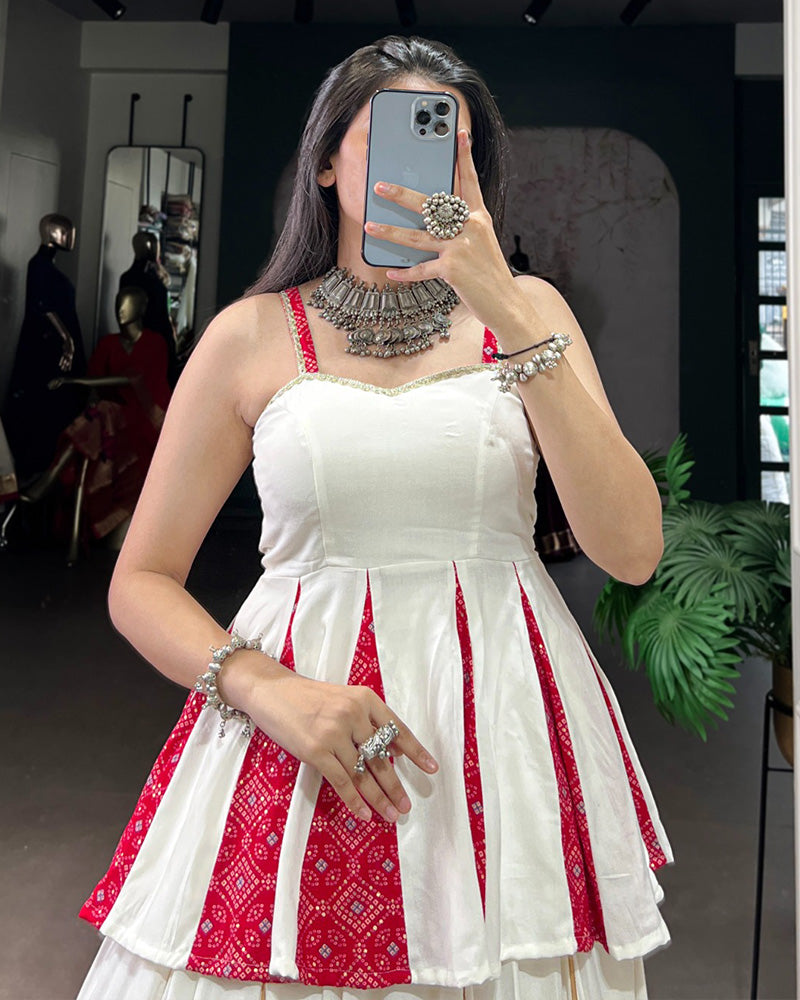 Graceful White Navratri Lehenga Choli With Traditional Prints