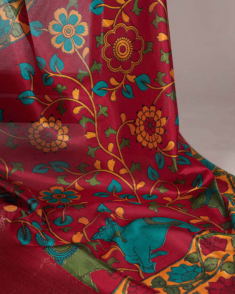 Mustard Color Tasar Silk Ethnic Printed Saree