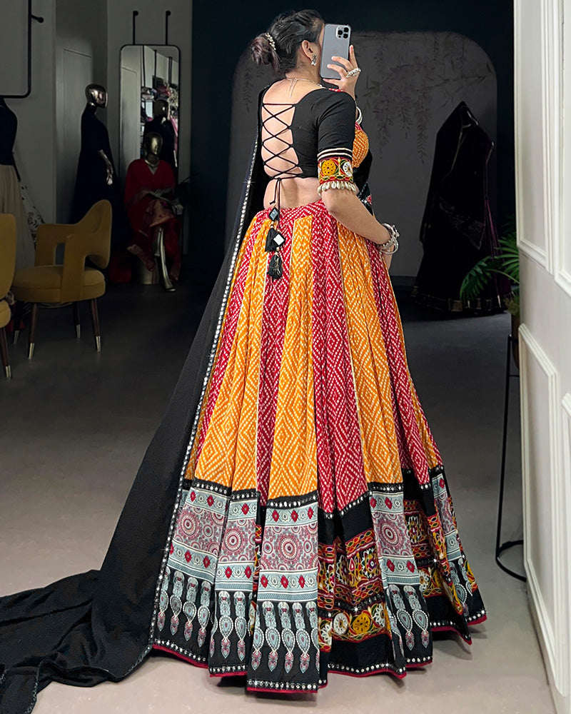 Red And Yellow Bandhej And Ajarakh Print Rayon Navratri Lehenga Choli