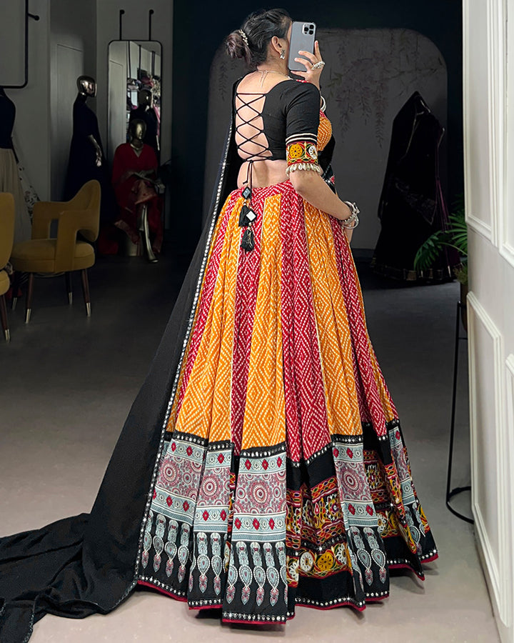 Red And Yellow Bandhej And Ajarakh Print Rayon Navratri Lehenga Choli
