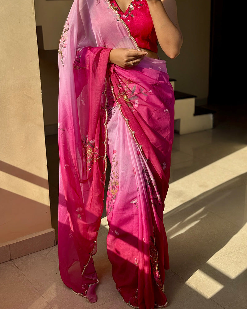 Pink Color Tebby Silk Floral Printed Saree