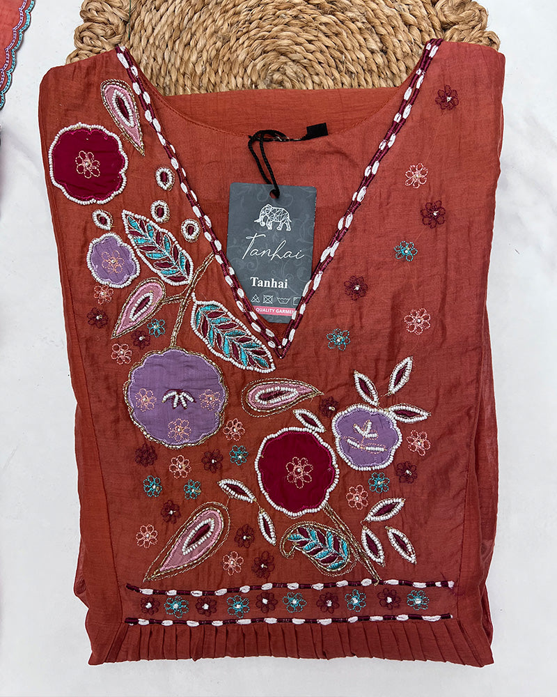 Rust Orange Color Mal Cotton Three Piece Kurti Suit