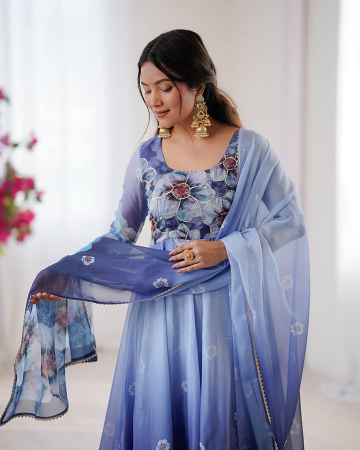 Navy Blue Floral Print Organza Three Piece Anarkali Suit