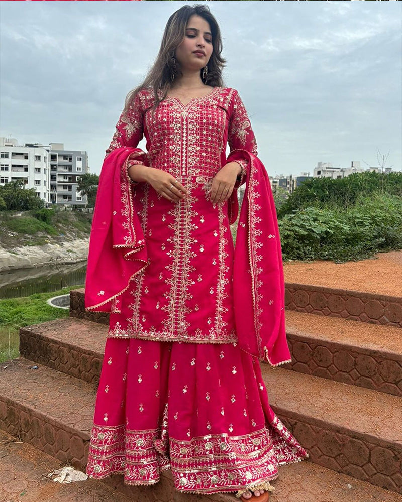 Rani Pink Color Faux Georgette Embroidered Sharara Suit – TANHAI