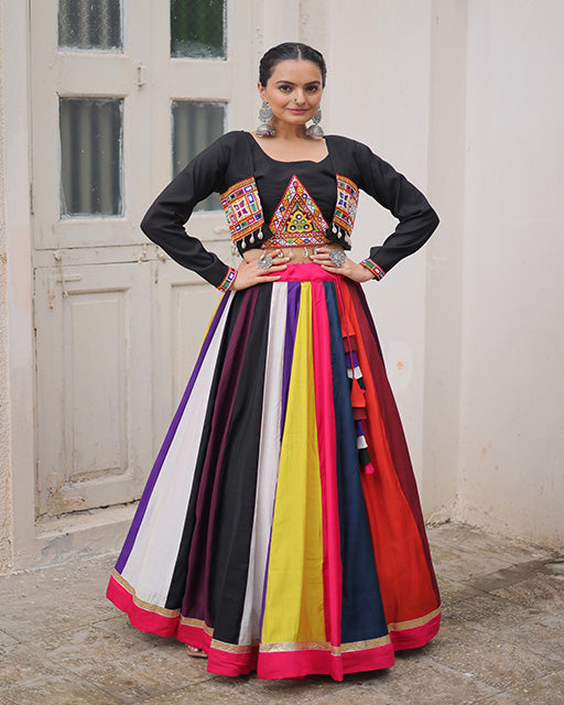Multi Color Roman Lehenga With Black Koti Style Blouse