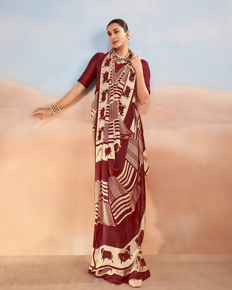 Maroon Color Satin Chiffon Printed Saree
