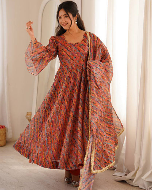 Orange Color Tabby Organza Three Piece Anarkali Suit