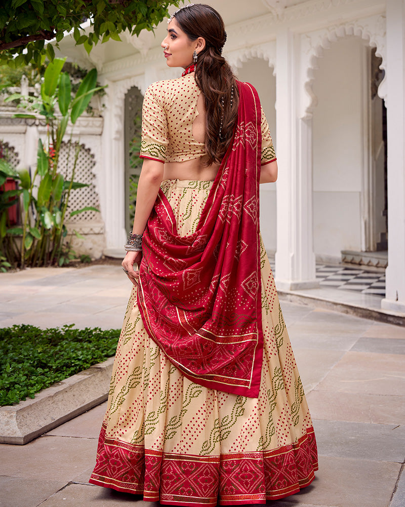 Elegant Off-White Color Tussar Silk Bandhej Navratri Lehenga Choli