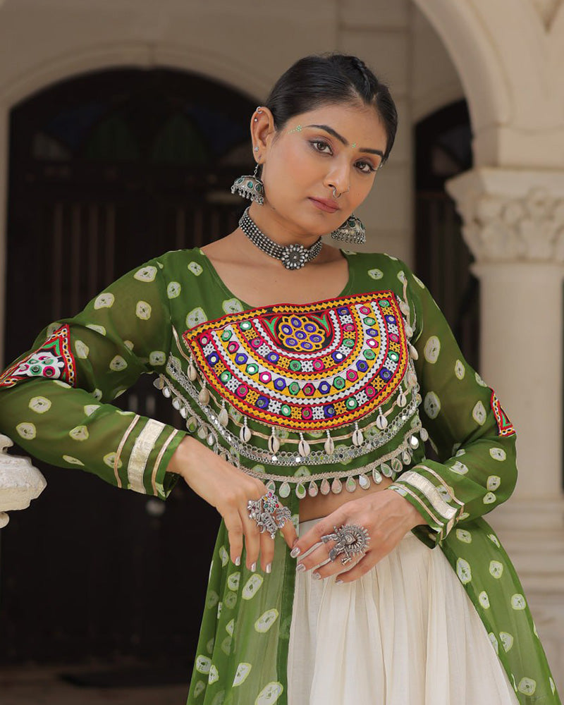 Parrot Green Color Bandhani Print Kurti With Kora Cotton Lehenga