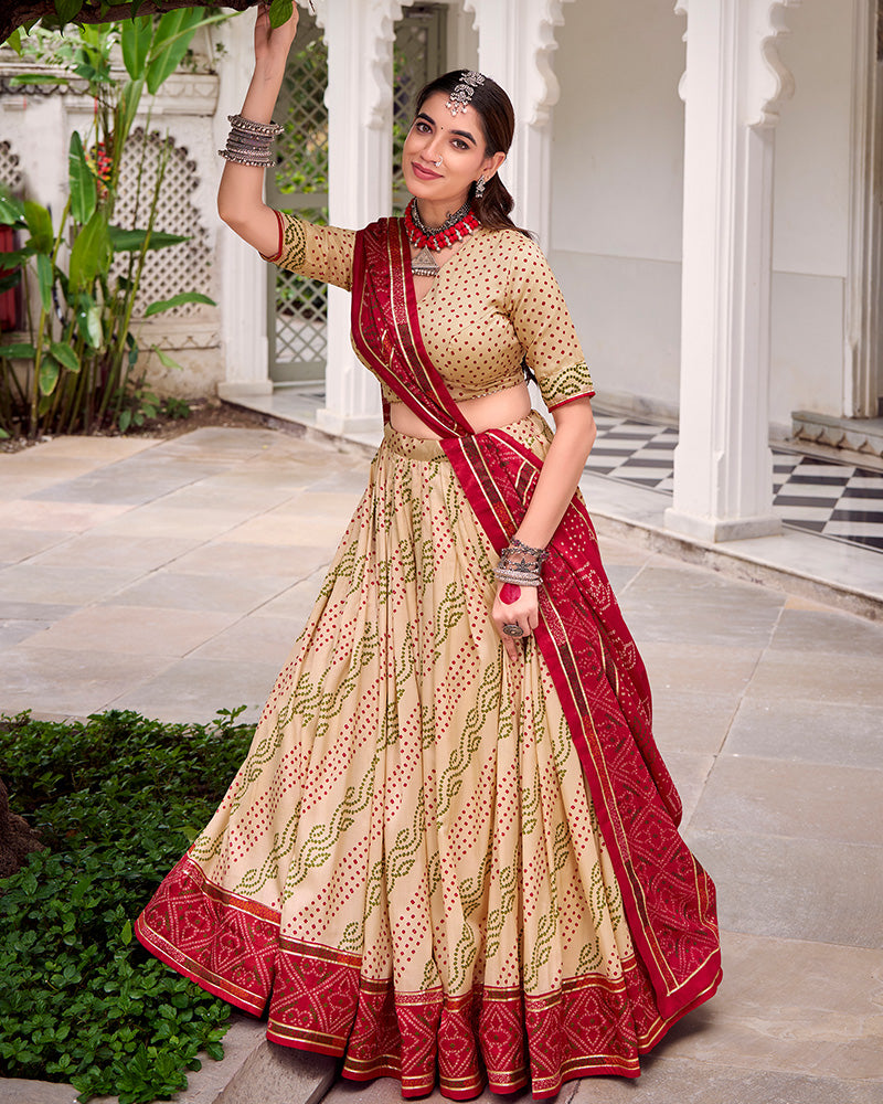 Elegant Off-White Color Tussar Silk Bandhej Navratri Lehenga Choli