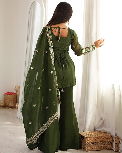 Mehandi Color Crunchy Silk Embroidered Sharara Suit