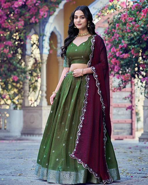 Olive Green Color Chinon Chex Zari Weaving Half Saree