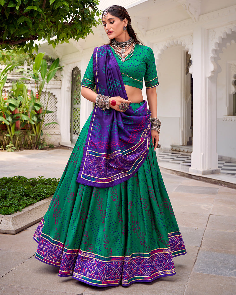 Elegant Green Color Tussar Silk Bandhej Navratri Lehenga Choli