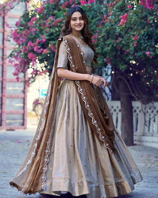 Off White Color Chinon Chex Zari Weaving Half Saree