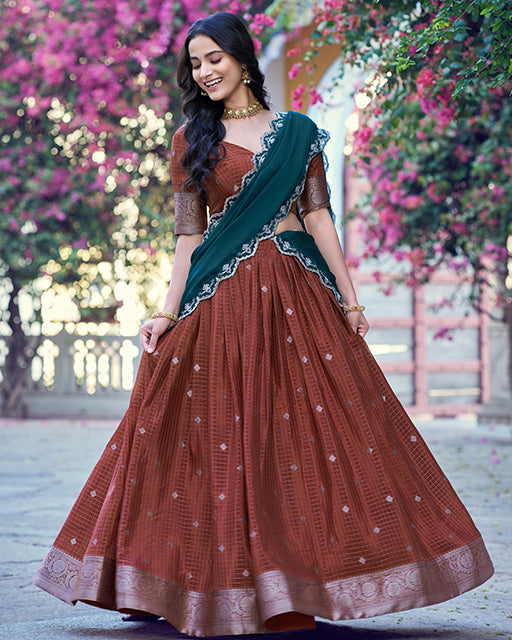 Copper Brown Color Chinon Chex Zari Weaving Half Saree