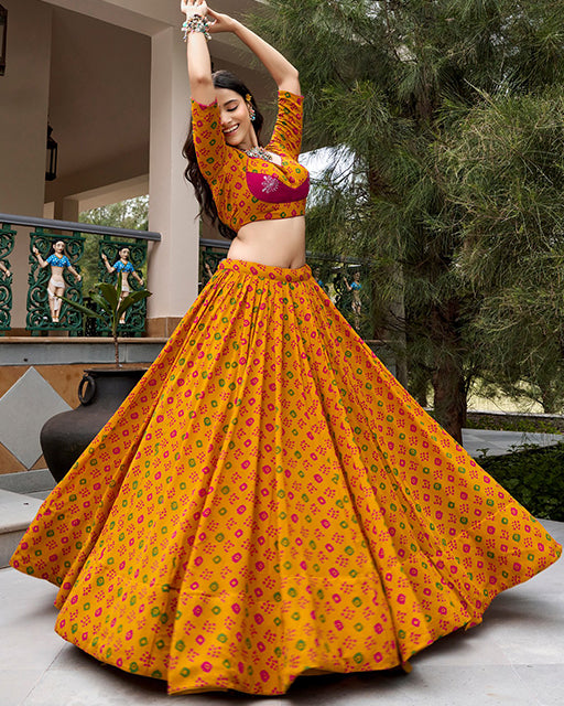 Mustard Yellow Color Georgette Bandhani Printed Navratri Lehenga Choli