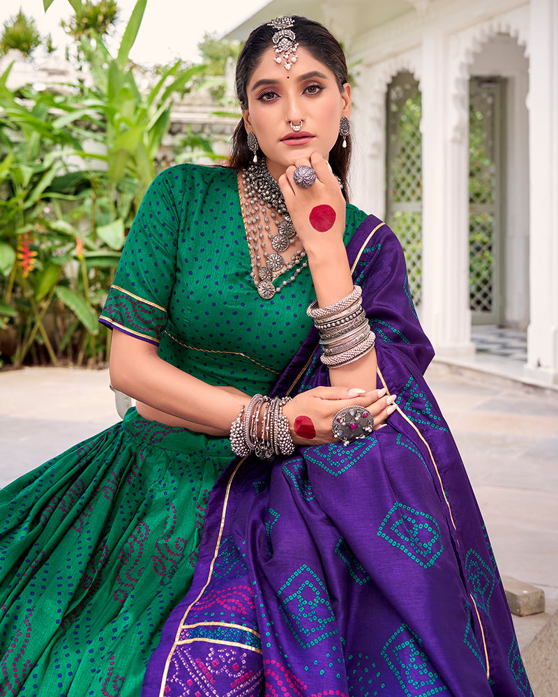 Elegant Green Color Tussar Silk Bandhej Navratri Lehenga Choli