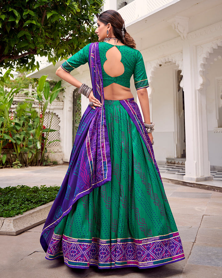 Elegant Green Color Tussar Silk Bandhej Navratri Lehenga Choli