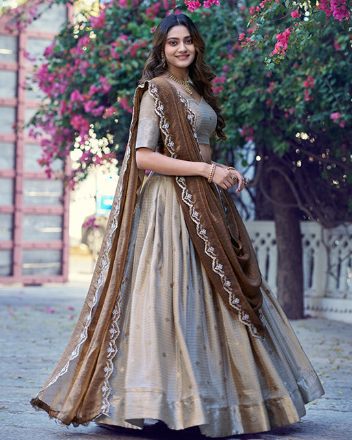 Off White Color Chinon Chex Zari Weaving Half Saree
