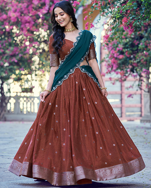 Copper Brown Color Chinon Chex Zari Weaving Half Saree