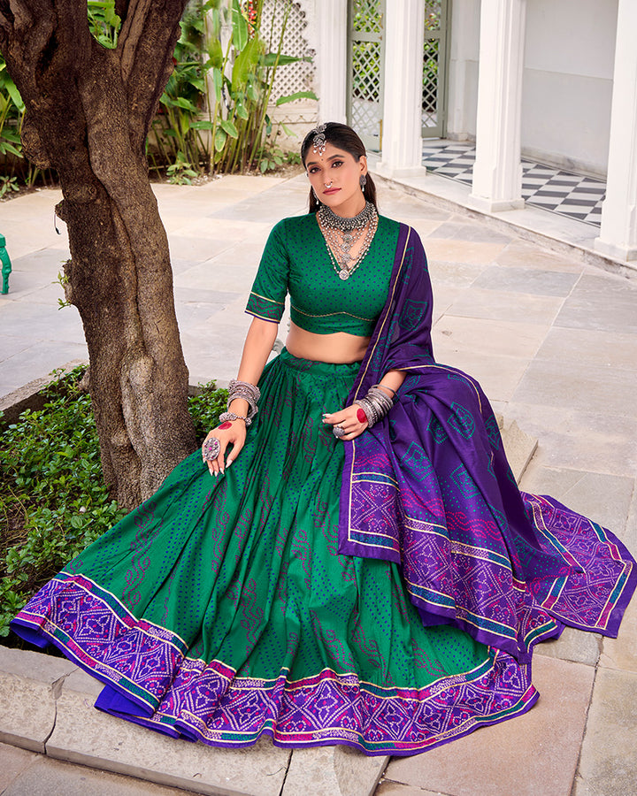 Elegant Green Color Tussar Silk Bandhej Navratri Lehenga Choli