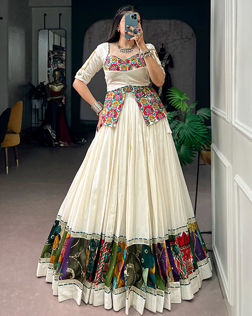 White Color Khadi Cotton Navratri Lehenga Choli