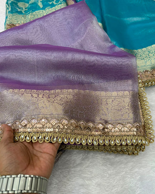 Sky Blue Color Soft Banarasi Silk Pearl Work Saree