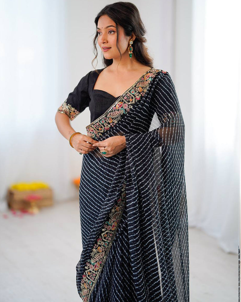 Black Color Faux Georgette Bandhej Print Saree