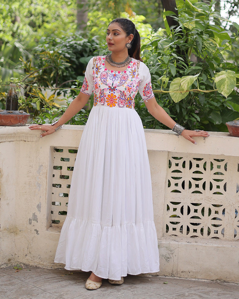 White Color Rayon Kutchi Gamthi Style Navratri Gown