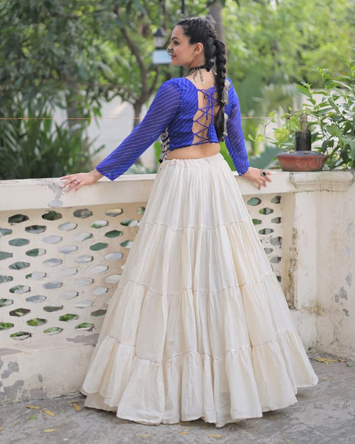 Royal Blue Color Laheriya Print Kurti With Kora Cotton Lehenga