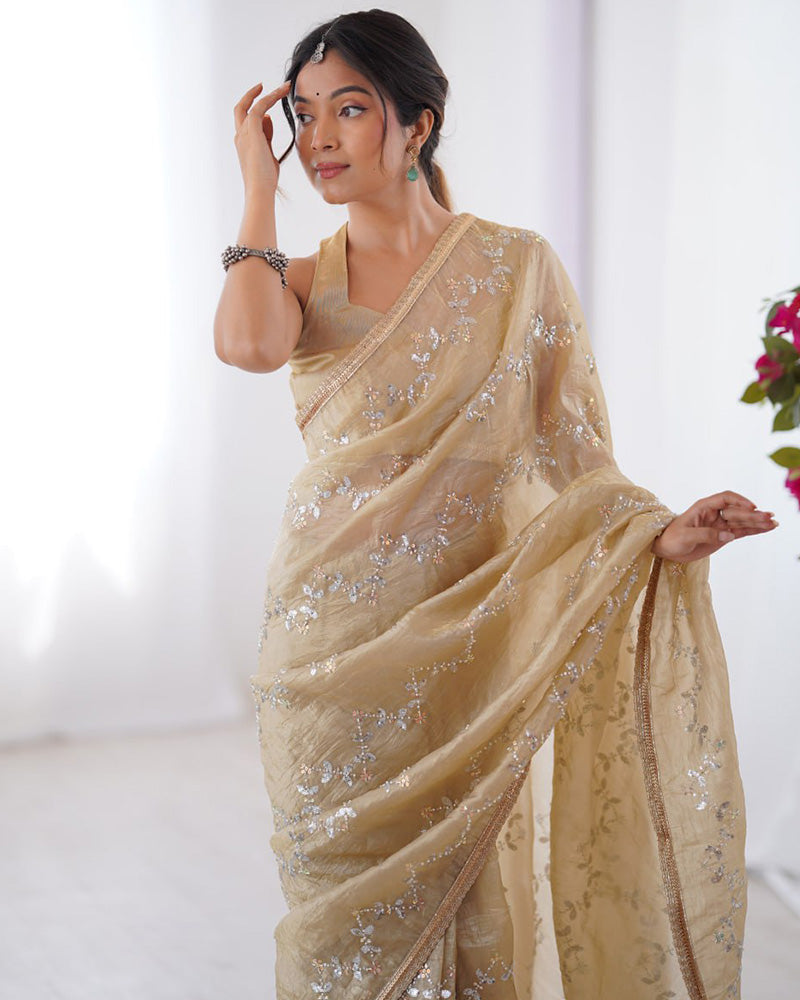 Cream Color Smooth Gold Crush Embroidered Saree