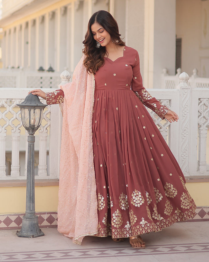 Chocolate Color Full Floor Length Anarkali Gown With Sequence Embroidery Dupatta