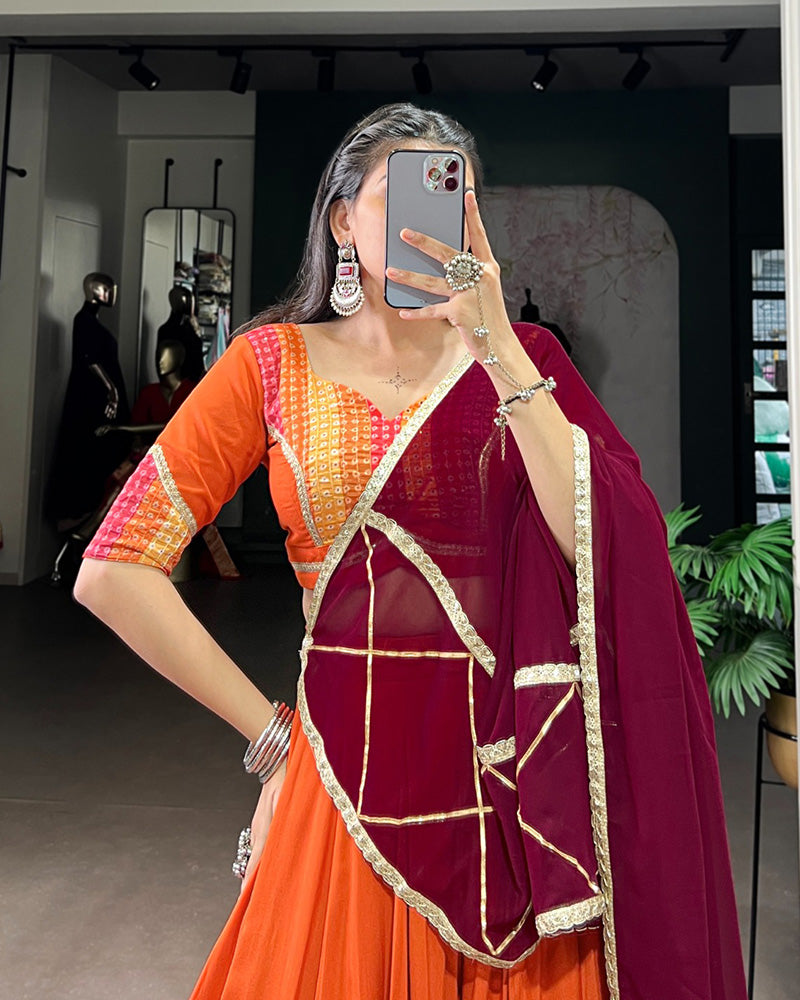 Orange Color Rayon Bnahdej Print Navratri Lehenga Choli