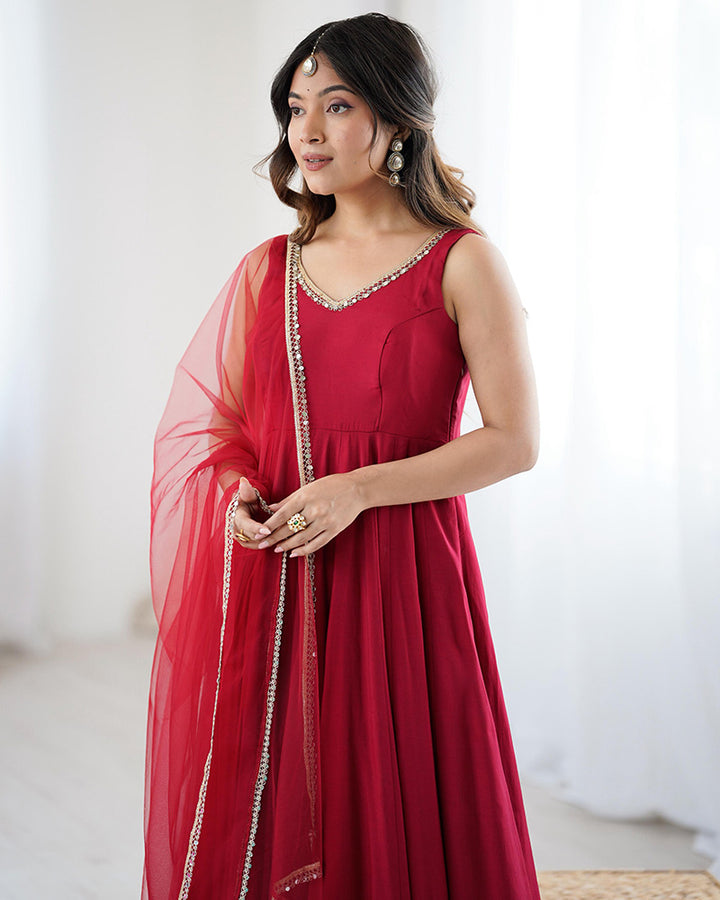 Maroon Color Chanderi Pure Roman Silk Anarkali Suit