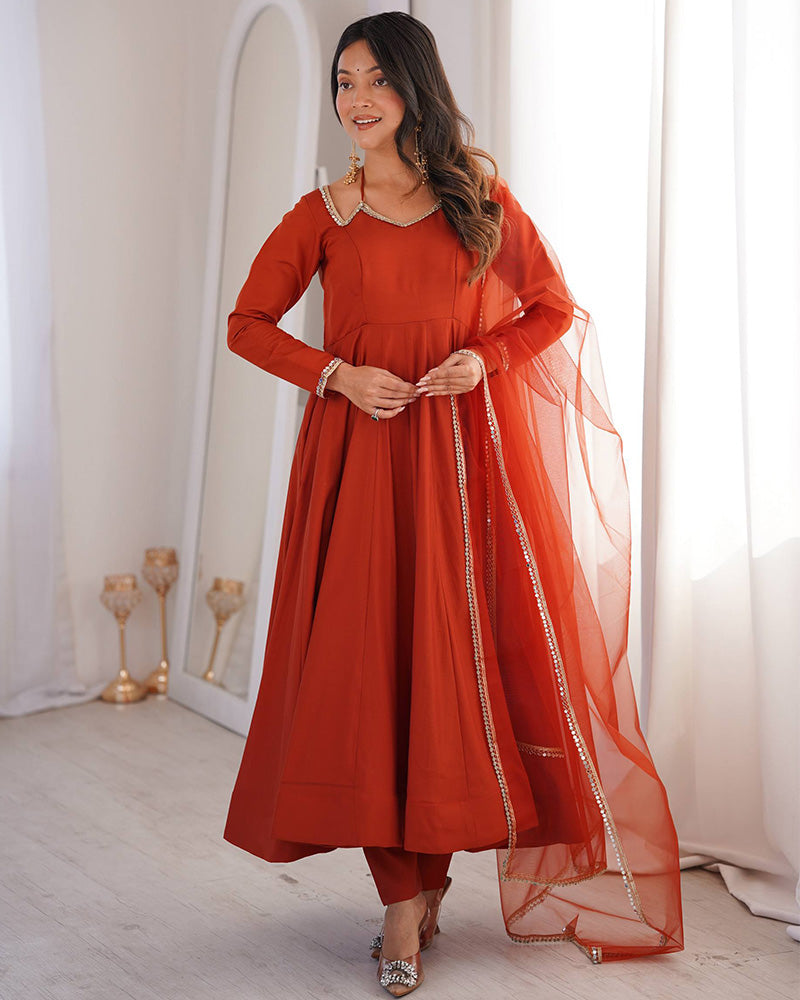 Rust Orange Color Chanderi Roman Silk Three Piece Anarkali Suit