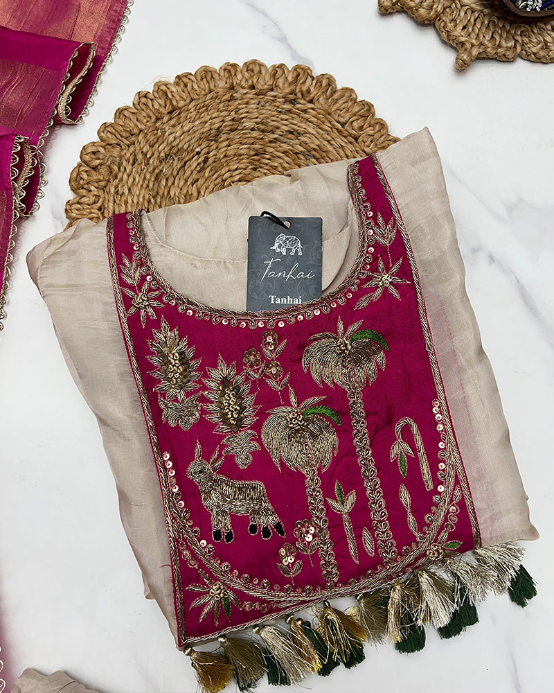 Cream Color Soft Organza Three Piece Kurti Suit