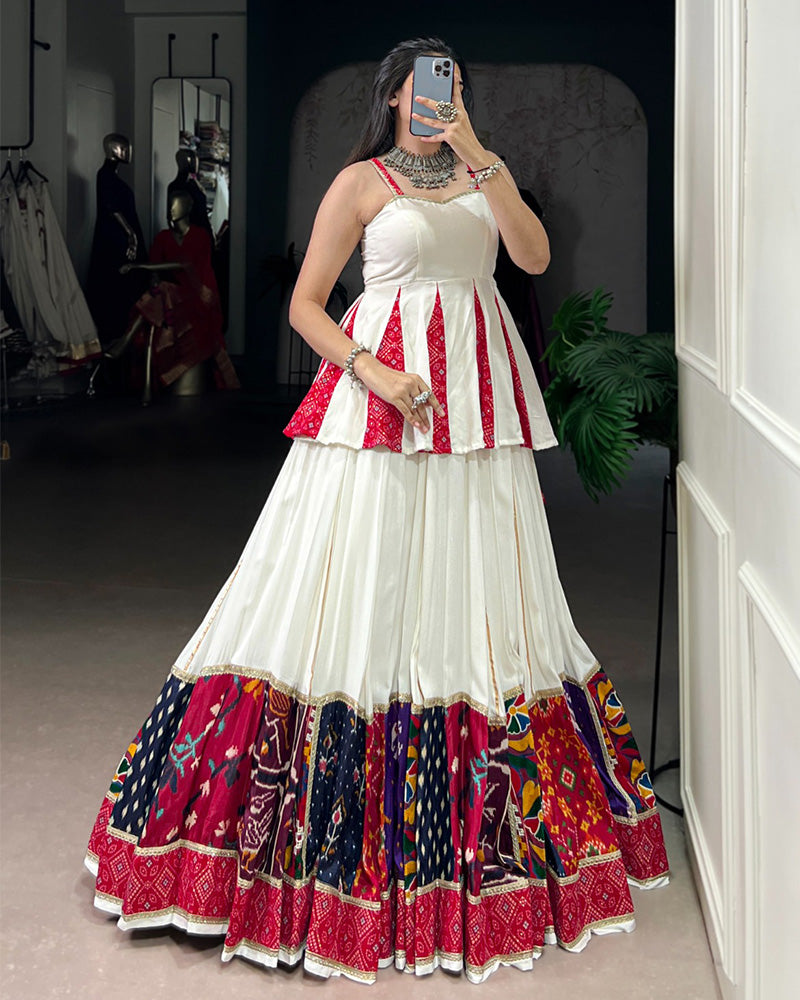 Graceful White Navratri Lehenga Choli With Traditional Prints