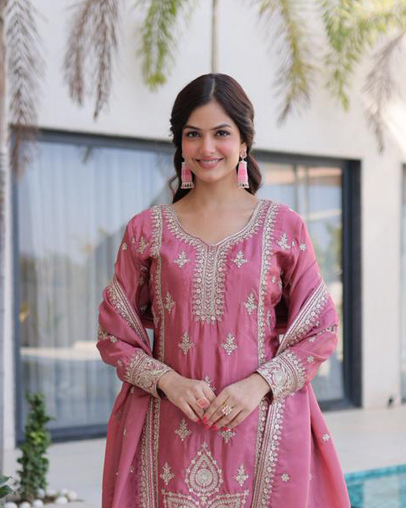 Pink Color Ho Silk Embroidered Kurti Suit