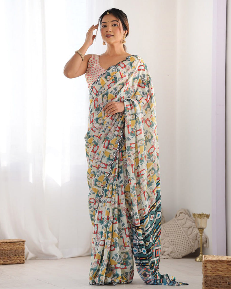 Off-White Color Chinnon Silk Saree