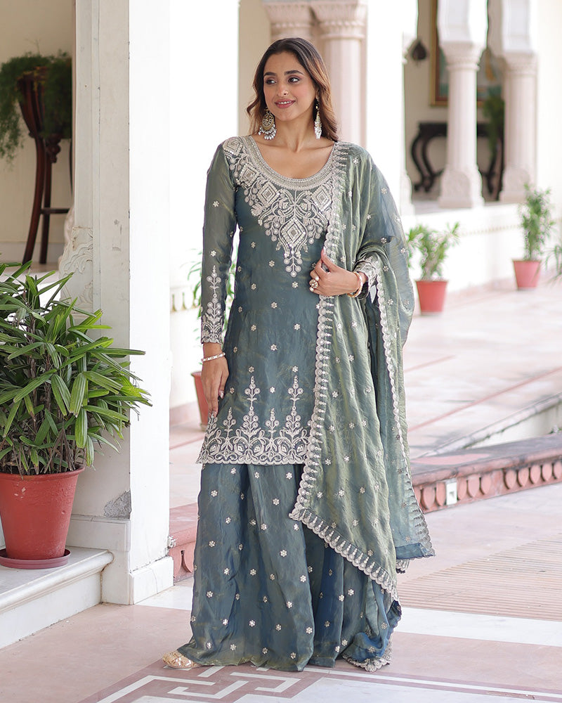 Grey Color Fendi Silk Embroidered Sharara Suit