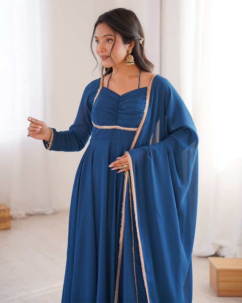 Teal Blue Color Pure Blooming Georgette Anarkali Gown