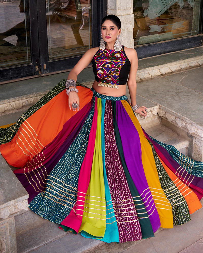Multi Color Pure Rayon Navratri Lehenga With Black Choli